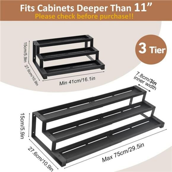 expandable spice rack organizer 3 tier metal cabinet pantry shelf seasoning hold - Picture 2 of 7